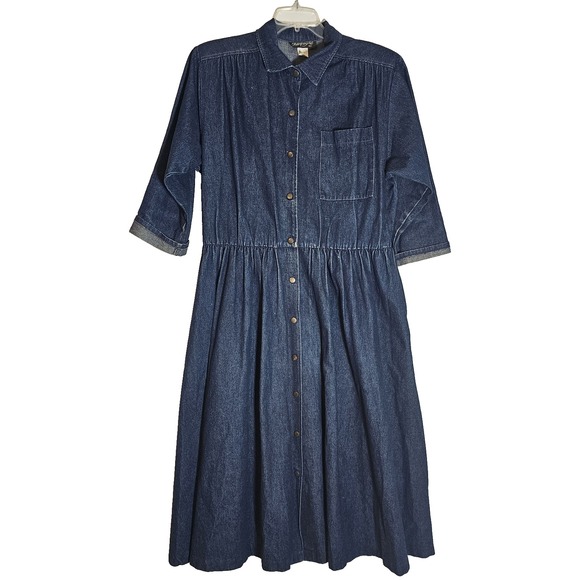 Vintage Champagne West Denim Dress Womens 16 Button Front Midi Pockets 90s USA - Picture 1 of 13